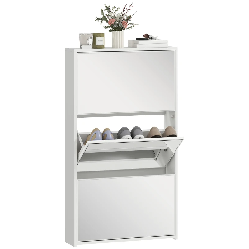 HOMCOM Dulap de Pantofi cu Oglindă și 3 Sertare Rabatabile 65x17x114.5 cm Alb