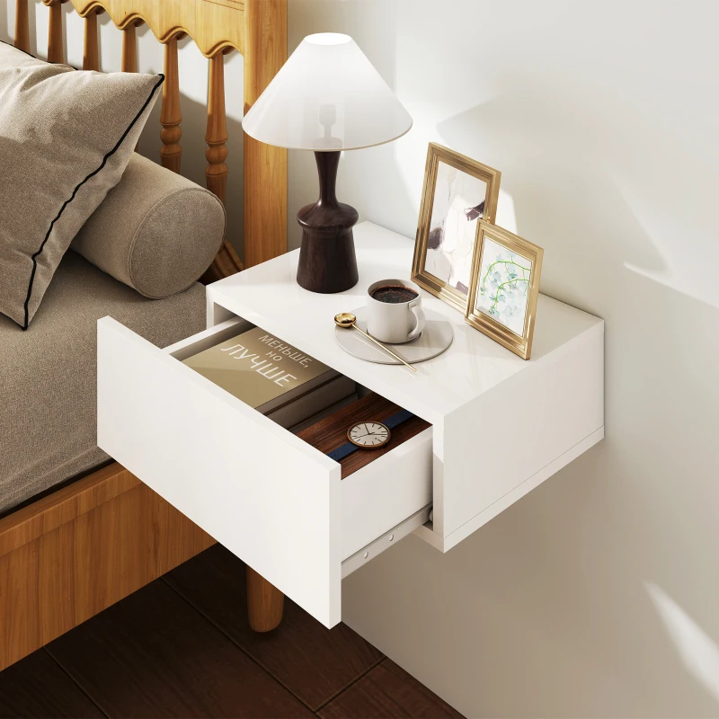 HOMCOM Juego de 2 Mesitas de Noche Flotantes con 1 Cajón Montado en la Pared Estilo Moderno para Dormitorio 40x30x15 cm Blanco