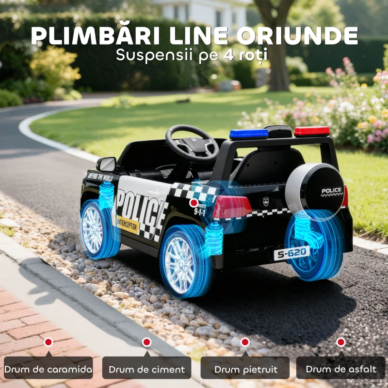 AIYAPLAY Mașina Electrică de Poliție pentru Copii 12V cu Telecomandă, Sirenă și Lumini, Vârsta 3-5 Ani, Negru