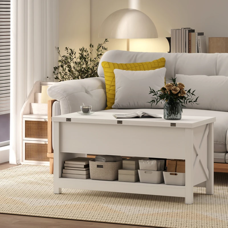 HOMCOM Mesa de Centro Elevatória e Extensível com Compartimentos Ocultos e Prateleira Aberta 100x90x64 cm Branco