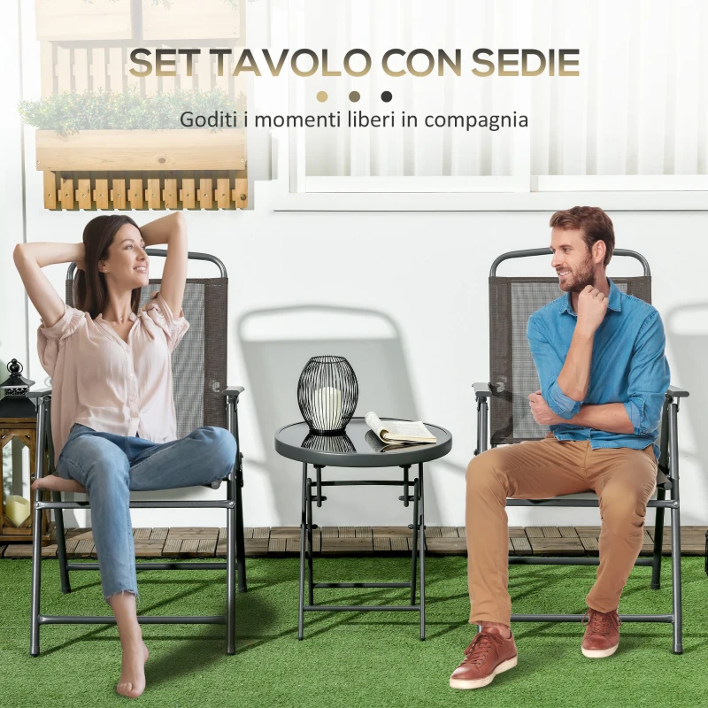 Outsunny Set da Giardino 3 Pezzi con 2 Sedie 53.5x64x93 cm e Tavolino da Caffè Ø45x50 cm, in Metallo, Marrone
