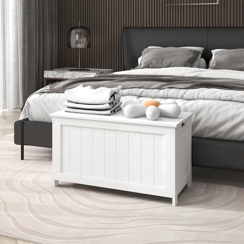HOMCOM Coffre de rangement avec charnières de sécurité boîte de rangement en bois coffre à jouets avec couvercle rabattable 81L x 40l x 46H cm blanc