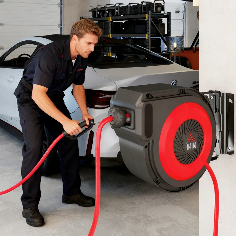 HOMCOM Slanghaspel met terugtrekmechanisme, 16,5 m lange slang, wandmontage, Rood+Zwart