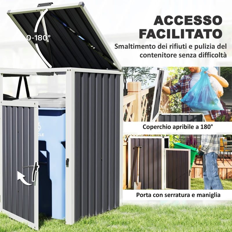 Outsunny Copri Bidoni Spazzatura a 2 Sezioni con Coperchio Sollevabile, in Acciaio Zincato, 146x81x122 cm, Grigio Scuro