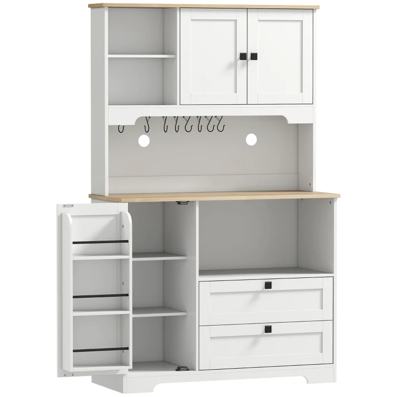 HOMCOM Armoire de cuisine avec 3 portes 2 tiroirs 3 étagères sur la porte 8 crochets large plan de travail blanc