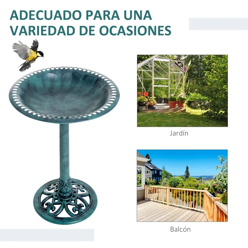 Outsunny Baño para Pájaros de Jardín Exterior con Diseño de Flor y Acabado Envejecido Ligero y Resistente Verde