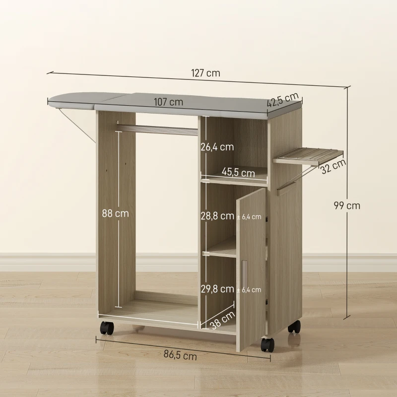 HOMCOM Mueble Tabla de Planchar con Superficie de Apoyo Efecto Lino, 3 Estantes a Cubo y Guía, 127x42.5x99 cm, Multicolor
