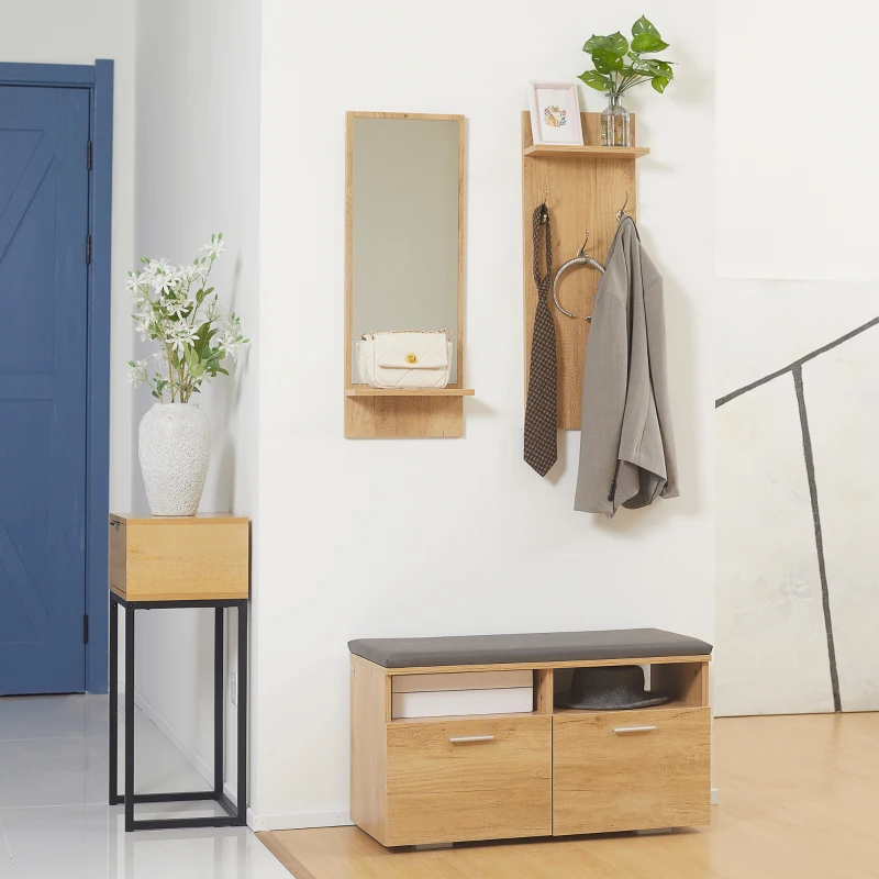 HOMCOM Ensemble de meuble d'entrée vestiaire d'entrée, 1 miroir avec étagère, 1 porte-manteau avec étagère, 1 banc à chaussures