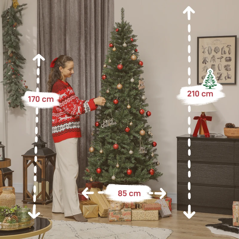 HOMCOM Sapin de Noël artificiel 210 cm, arbre de Noël fin avec 350 lumières, 1273 pointes, support en métal pliable, vert