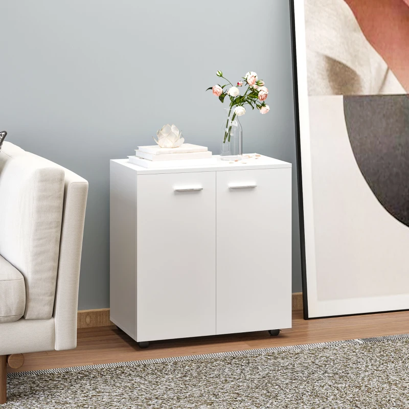 HOMCOM Meuble de Rangement Buffet bas sur roulettes avec 2 Portes étagère Interne pour salon, chambre, bureau 60 x 35 x 65 cm Blanc