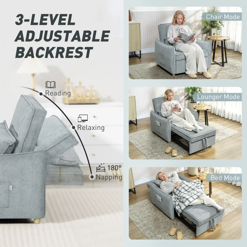 HOMCOM Poltrona Letto 3 in 1 con Schienale Reclinabile e Cuscino, Rivestimento in Ciniglia, 88x84x87 cm, Grigio