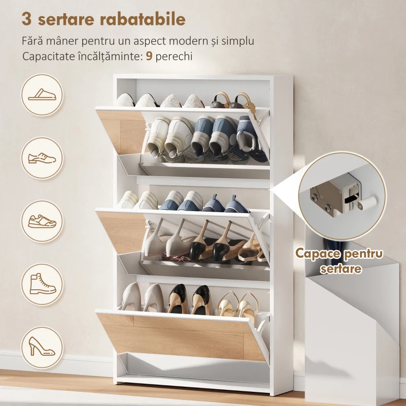 HOMCOM Dulap de Pantofi cu Oglindă și 3 Sertare Rabatabile 65x17x114.5 cm Alb