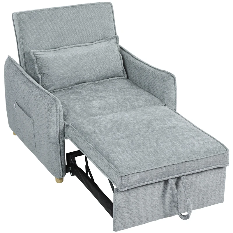 HOMCOM Sillón convertible 1 plaza 3 en 1, sillón-cama clic-clac en chenilla, asiento amplio respaldo ajustable, 88x84x87cm, gris