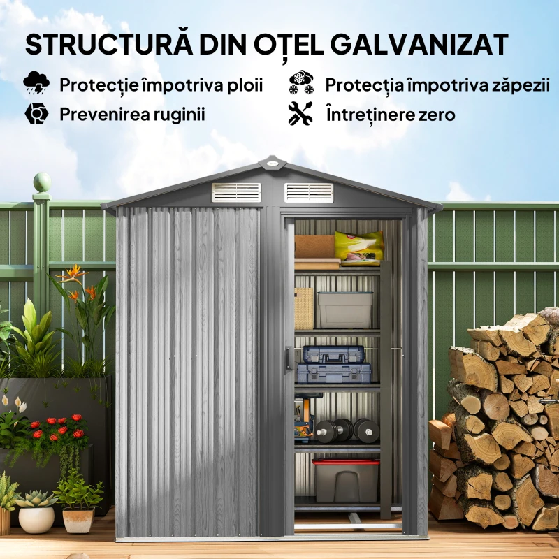 Outsunny Căsuță de Grădină pentru Unelte din Oțel cu Acoperiș Înclinat și 4 Ferestre de Ventilație, 152x132x188 cm, Gri