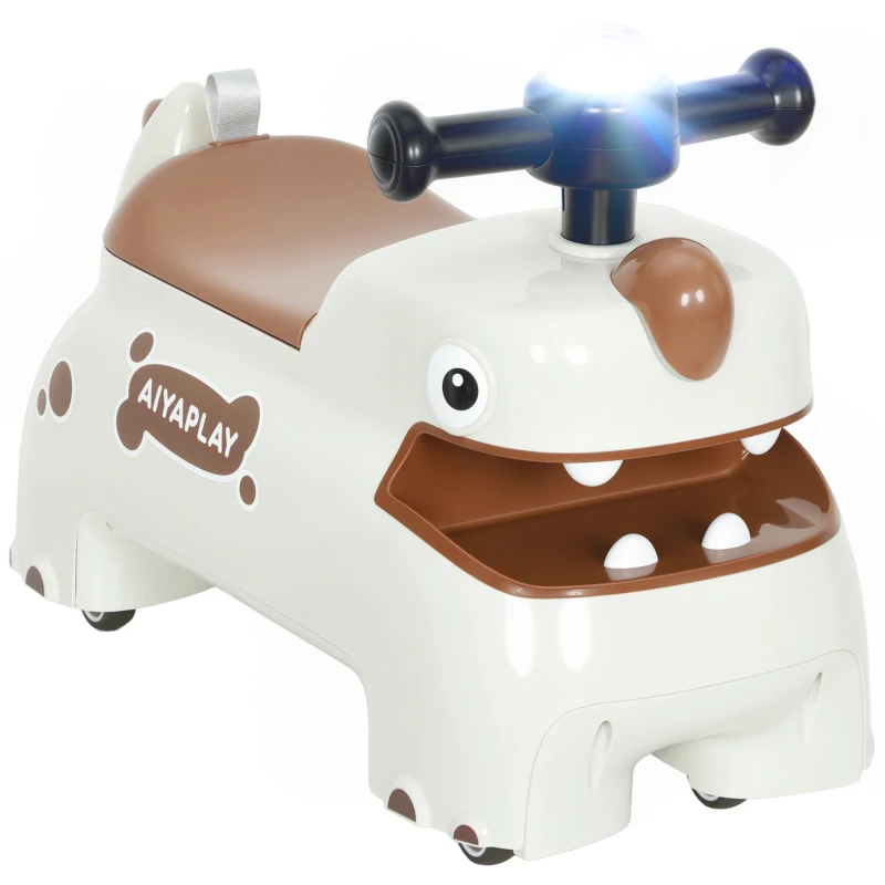 AIYAPLAY Mașinuță fără pedale, design dino, volan, lumini, sunete, 4 roți, crem-alb+maro