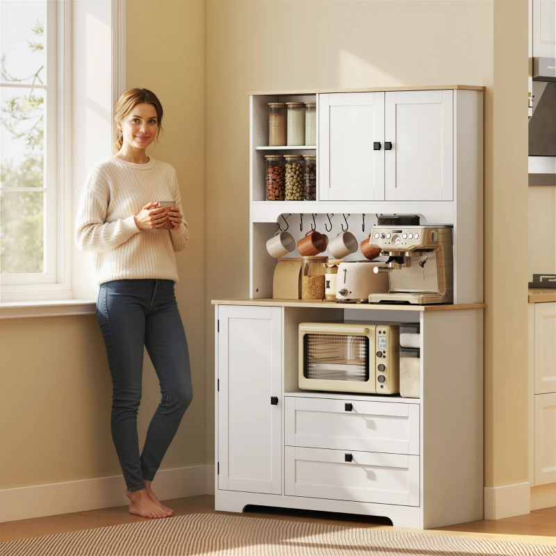 HOMCOM Aparador de Cocina con 3 Armarios, 2 Cajones, Estantes Regulables y Especieros, 100x40x62 cm, Blanco