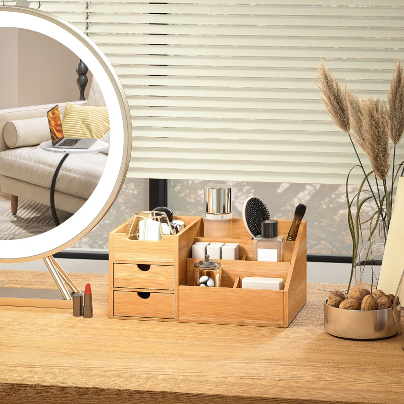 HOMCOM Boite de Rangement de Bureau - Organiseur de Bureau - 7 Compartiments, 2 tiroirs - Bambou Verni, Bambou