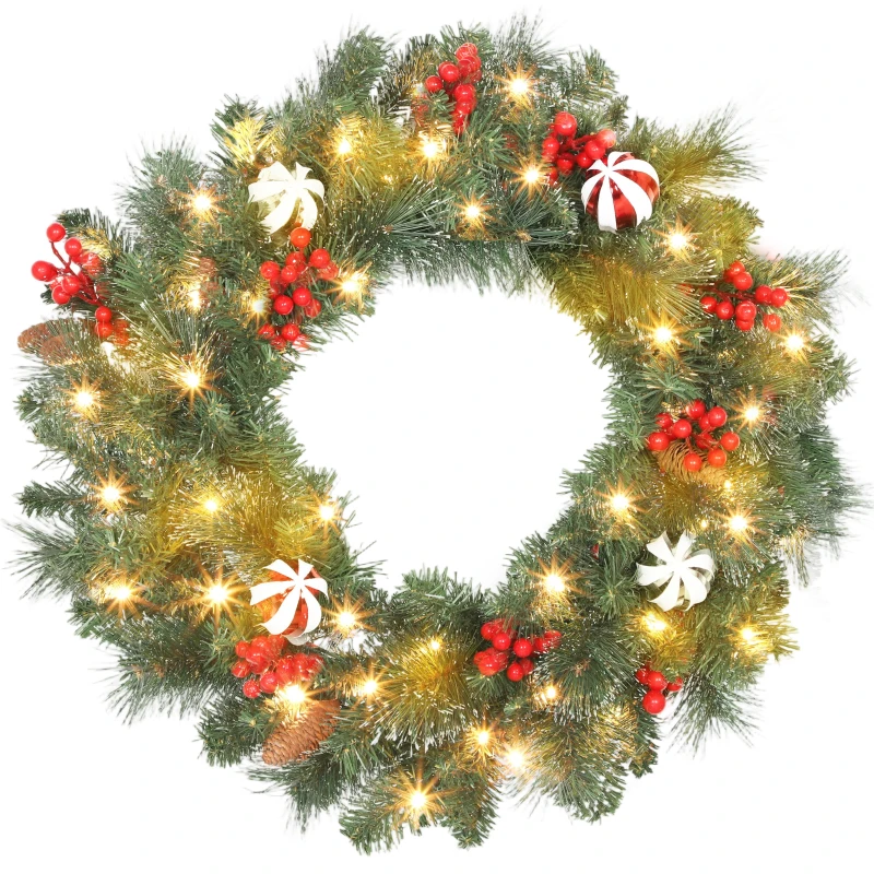 HOMCOM Couronne de Noël lumineuse 60 cm avec 50 LED, minuterie, 146 pointes, pommes de pin, baies, boules décoratives, vert