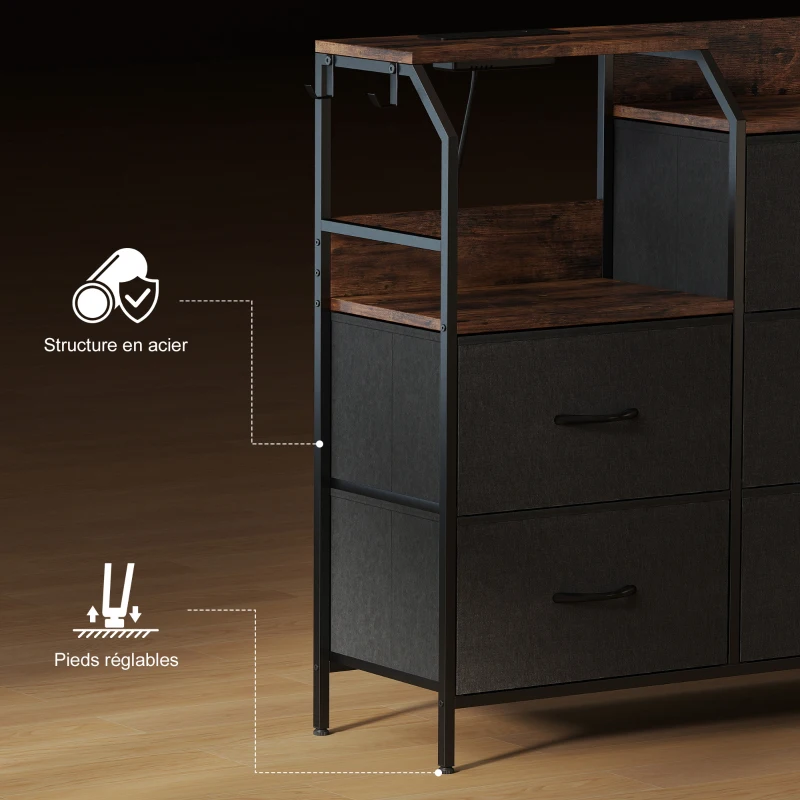 HOMCOM Commode, meuble de rangement avec station de recharge, 8 tiroirs en tissu, étagère ouverte, 130,5x30x88cm, marron
