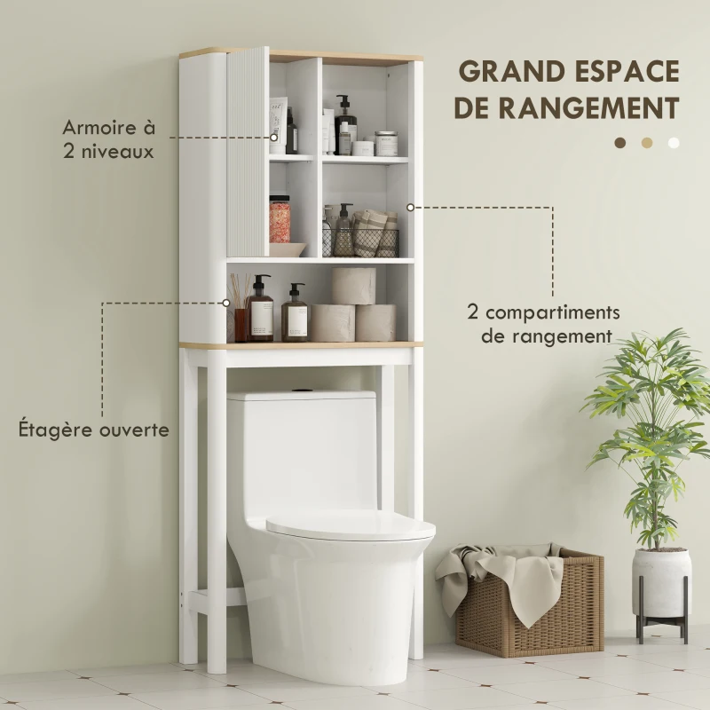 HOMCOM Meuble de rangement au-dessus des toilettes avec porte cannelée, compartiments, étagère réglable, 65x25x170cm, blanc