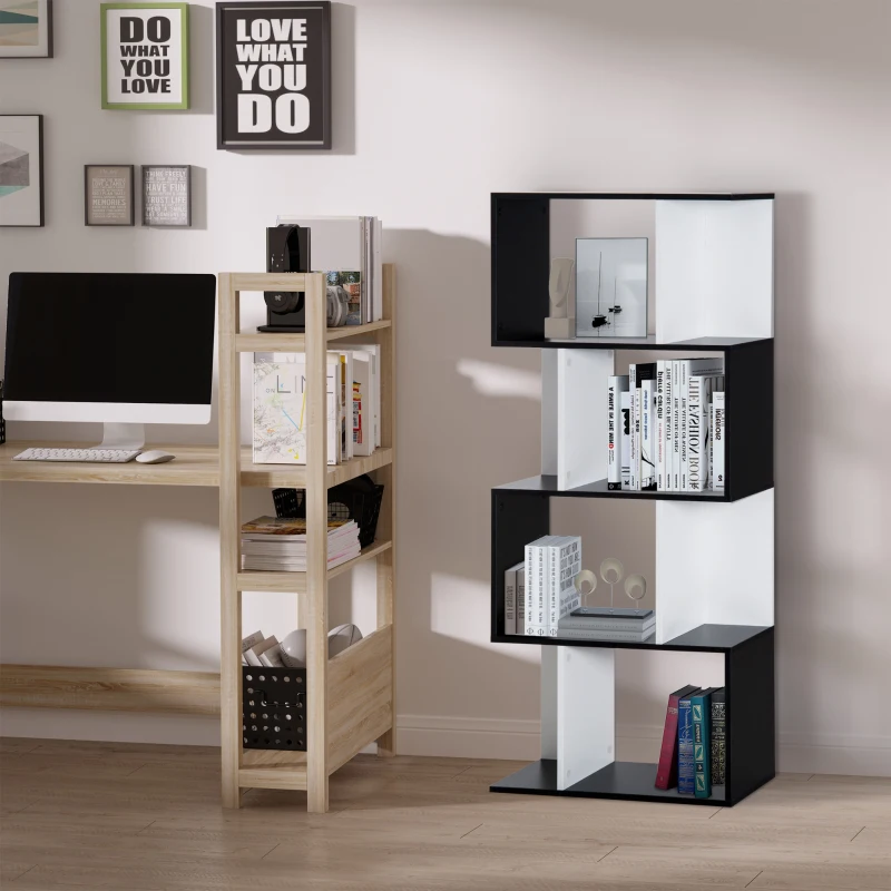 HOMCOM Bibliothèque à 5 niveaux, meuble de rangement en forme de S avec étagères, étagère de rangement pour salon, chambre bureau, 60 x 24 x 148 cm, noir, blanc