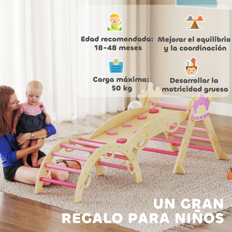 AIYAPLAY 8 en 1 Triángulo de Escalada de Madera Estructura de Escalada Montessori Tema de Corona con Arco y Rampa Rosa