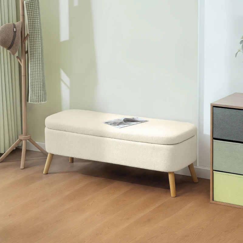 HOMCOM Banc de rangement, bout de lit avec couvercle, pieds en bois, capacité 65 L, jusqu'à 220 kg, 120x42x45cm, beige