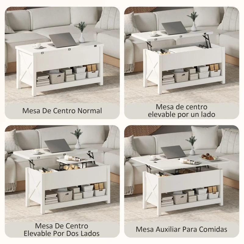 HOMCOM Mesa de Centro Elevable y Extensible con Compartimentos Ocultos Estante Abierto 100x90x64 cm Blanco