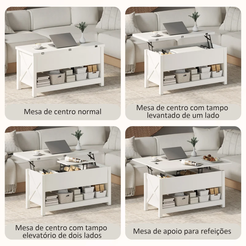 HOMCOM Mesa de Centro Elevatória e Extensível com Compartimentos Ocultos e Prateleira Aberta 100x90x64 cm Branco