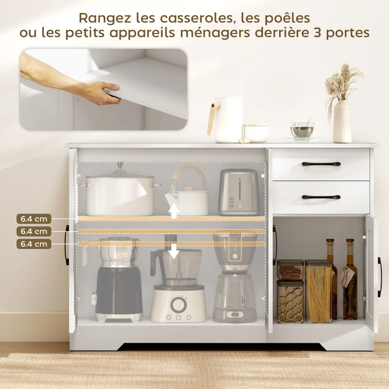 HOMCOM Buffet, meuble de rangement avec 3 portes, 2 tiroirs et étagère réglable, 120 x 38 x 79 cm, blanc