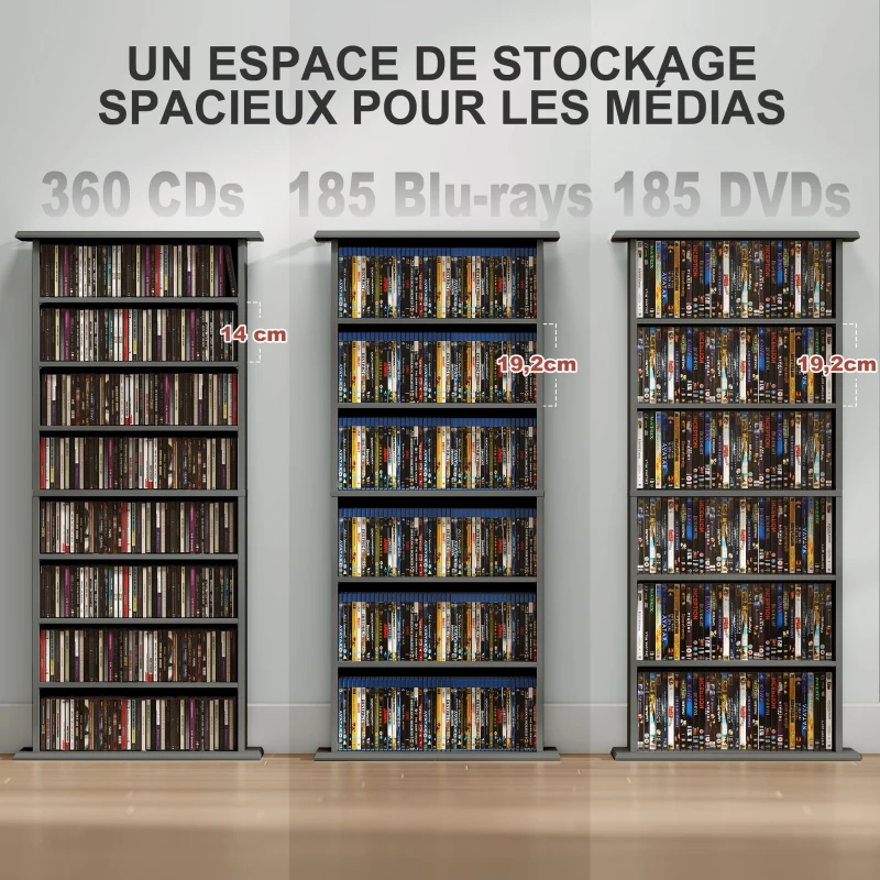 HOMCOM Rangements pour CD et DVD avec 8 compartiments et 6 étagères réglables, capacité max. 360 CD/185 DVD et Blu-ray, gris