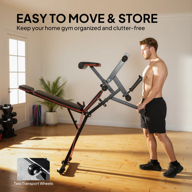 SPORTNOW Banco de halteres ajustável até 420 kg 3 em 1 com rodas Extensor de pernas Suporte para rosca Encosto de cabeça Bandas de resistência