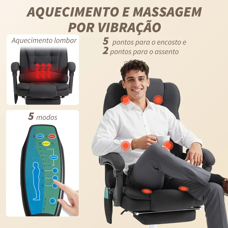 Vinsetto Cadeira de Escritório com 6 Pontos de Massagem Giratória com Encosto Reclinável 135º Função de Aquecimento 65x70x111-119 cm Preto