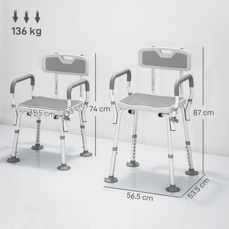 HOMCOM Shower stool ergonomic shower chair adjustable height non-slip feet 56.5 x 53.5 x 87 cm white and gray