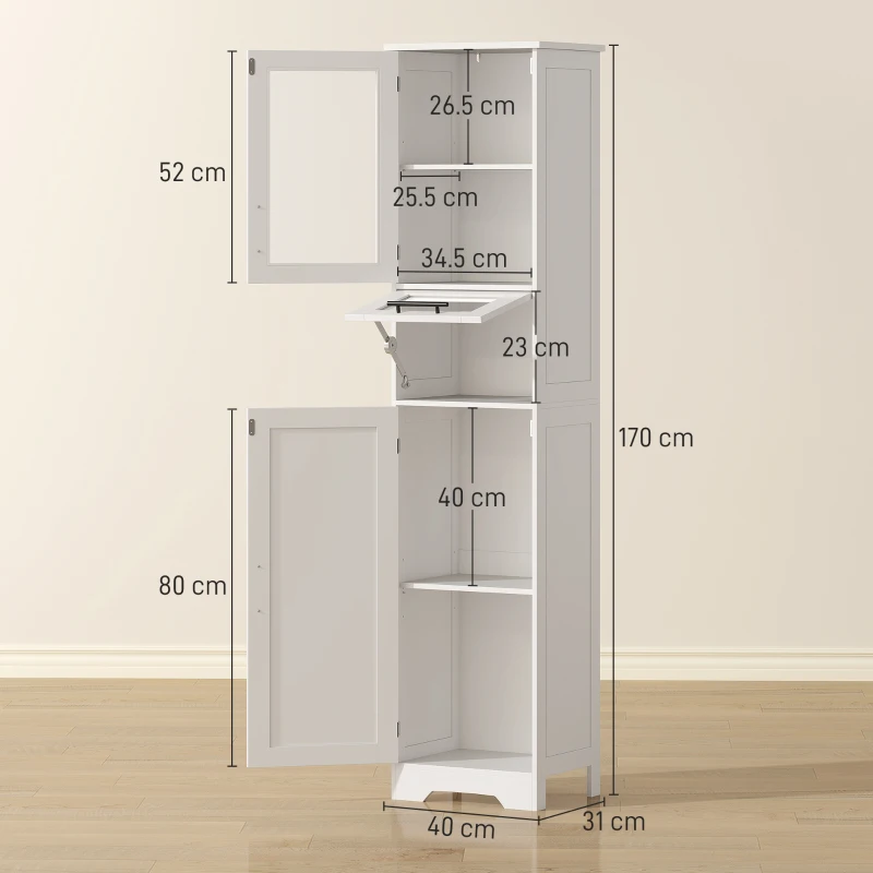 HOMCOM Colonna bagno con porta in vetro ripiani regolabili cassetto per spazi piccoli 40x31x170 cm Bianco