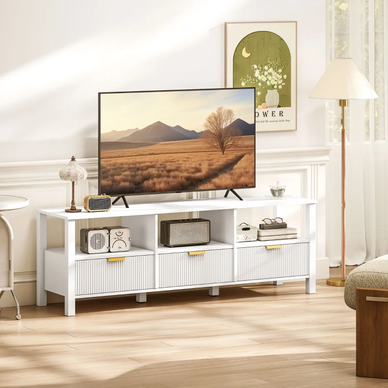 HOMCOM Meuble TV 152 cm, meuble télé pour téléviseur 65 pouces avec 3 tiroirs et 3 étagères ouvertes, 152x39,5x50cm, blanc