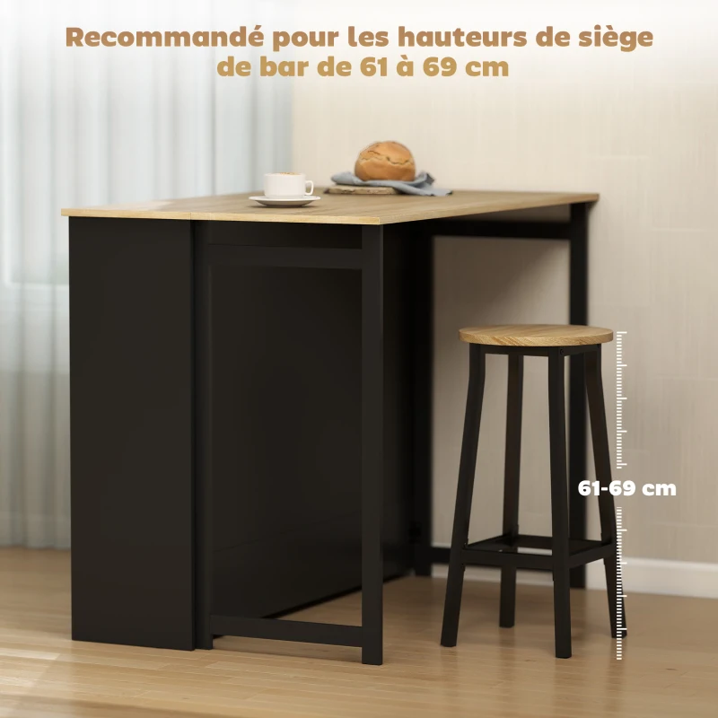 HOMCOM Table de bar extensible avec abattant, table haute cuisine, 1 placard et 4 compartiments ouverts, 116x79,6x90,5cm, noir