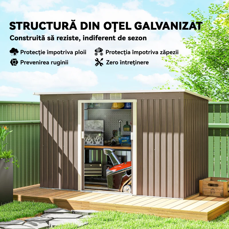 Outsunny Depozit de Grădină din Oțel cu 2 Ventilații și 2 Uși Glisante, 280x130x172 cm, Maro Lemn