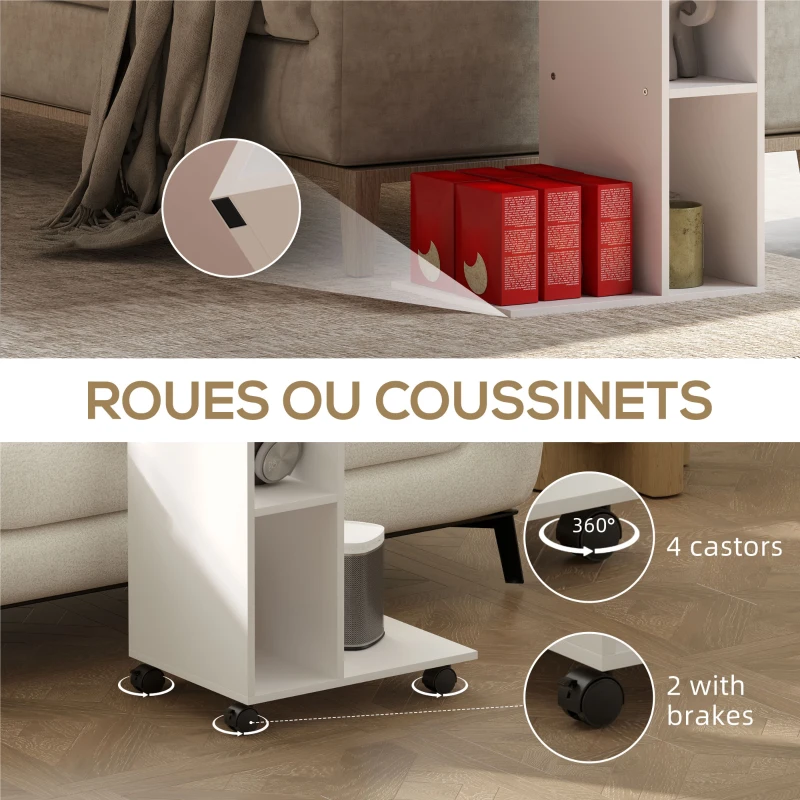 HOMCOM Table d'appoint en forme de C avec roulettes, avec 3 compartiments et 1 étagère ouverte, 40 x 30 x 69 cm, blanc