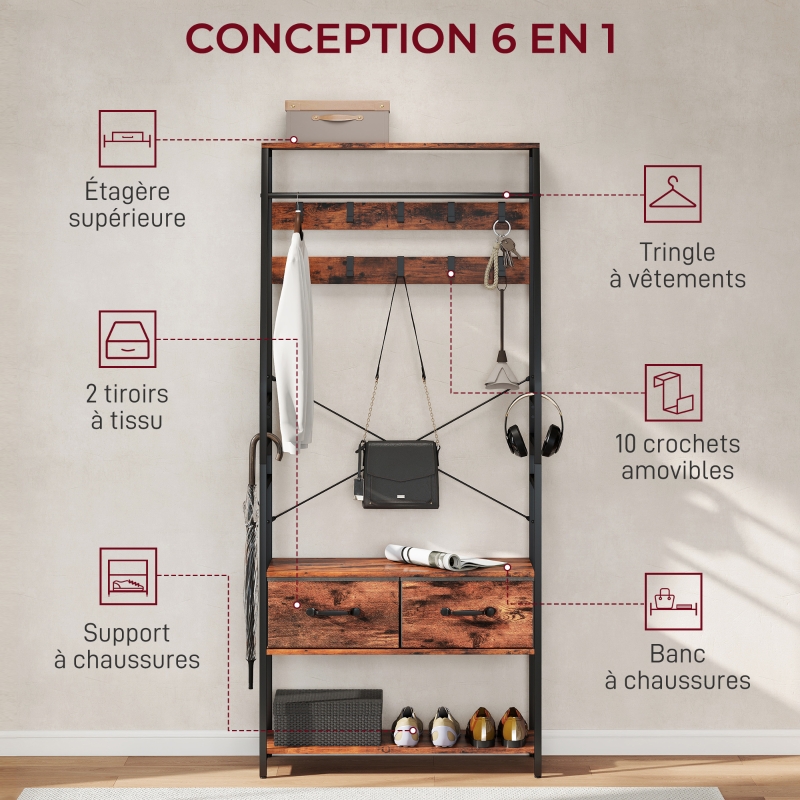 HOMCOM Meuble d'entrée 6 en 1 portemanteau tringle à vêtements étagère 2 tiroirs 10 crochet 80 x 30 x 180 cm brun rustique