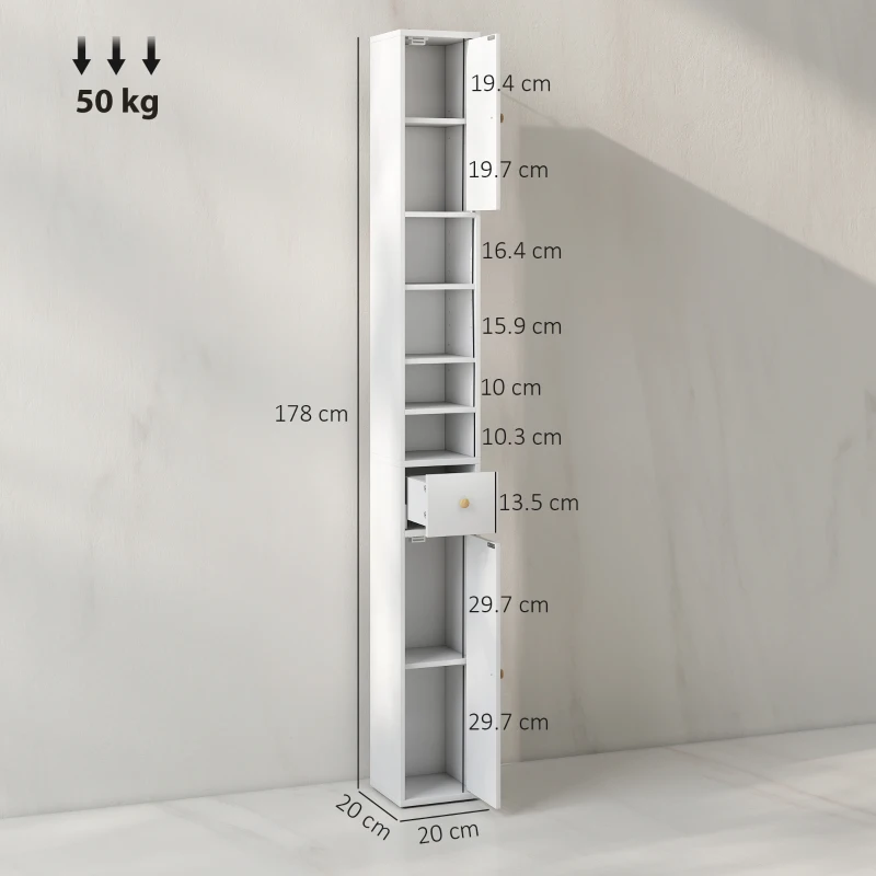 HOMCOM Colonna Bagno Salvaspazio con 2 Armadietti, 3 Ripiani Aperti e Cassetto, in Legno, 20x20x178 cm, Bianco