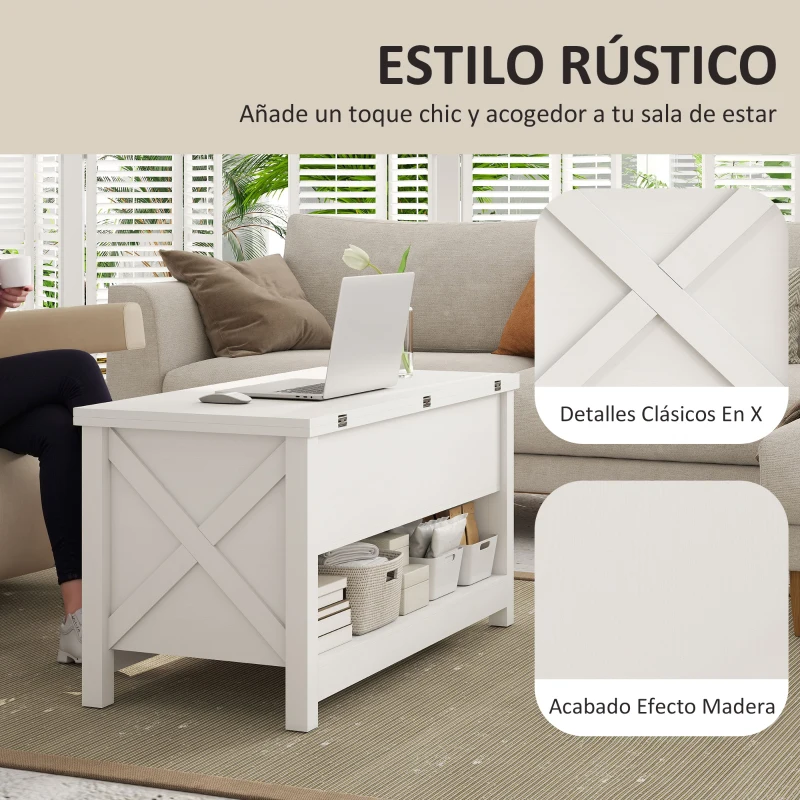 HOMCOM Mesa de Centro Elevable y Extensible con Compartimentos Ocultos Estante Abierto 100x90x64 cm Blanco