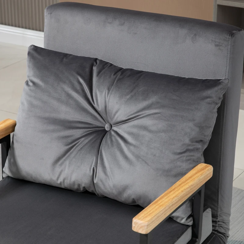 HOMCOM Sofá Cama Individual Plegable Silla Cama Convertible 4 en 1 Respaldo Ajustable de 5 Niveles y Almohada 63x73x81 cm Gris