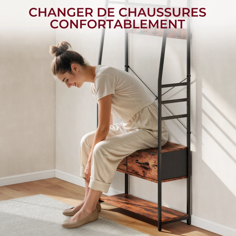 HOMCOM Meuble d'entrée 6 en 1 portemanteau tringle à vêtements étagère 2 tiroirs 10 crochet 80 x 30 x 180 cm brun rustique