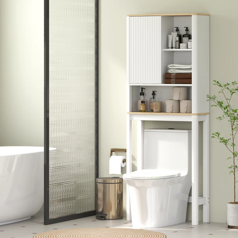 HOMCOM Meuble de rangement au-dessus des toilettes avec porte cannelée, compartiments, étagère réglable, 65x25x170cm, blanc