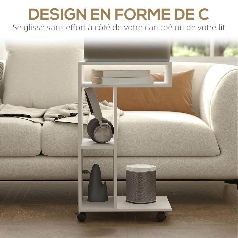HOMCOM Table d'appoint en forme de C avec roulettes, avec 3 compartiments et 1 étagère ouverte, 40 x 30 x 69 cm, blanc