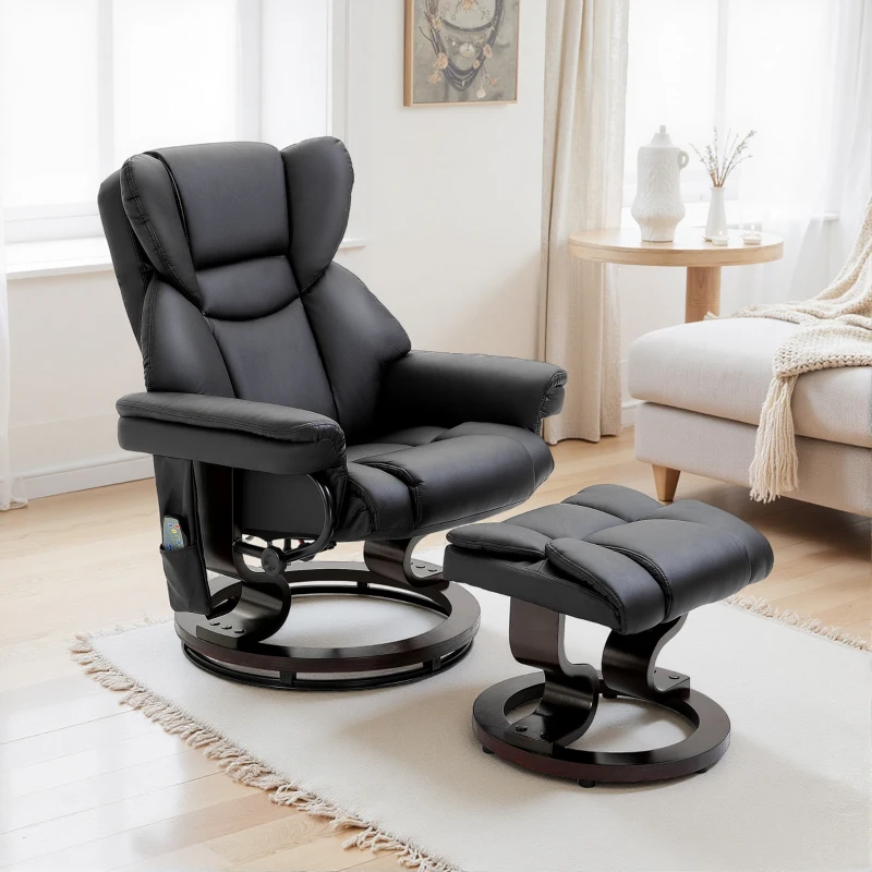 HOMCOM Poltrona Relax con Pouf Poggiapiedi e Funzione Massaggio, Reclinabile a 145° e Girevole a 360°, Nero