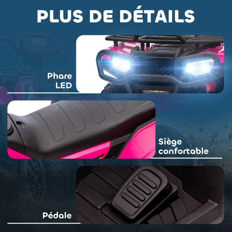 HOMCOM Quad électrique enfant 12V, voiture électrique enfants, double moteur, phares et musique, 88x45x50cm, rose(m-7)