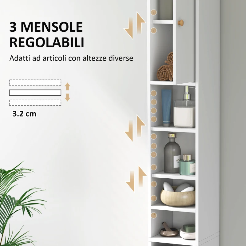 HOMCOM Colonna Bagno Salvaspazio con 2 Armadietti, 3 Ripiani Aperti e Cassetto, in Legno, 20x20x178 cm, Bianco