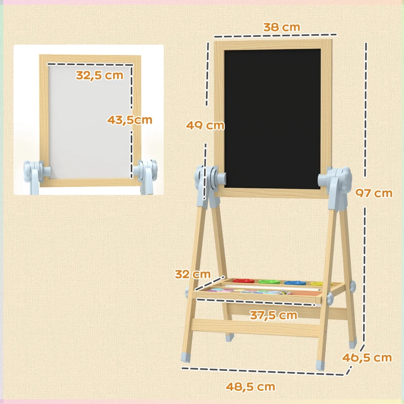 AIYAPLAY Kinder Staffelei aus Holz, Doppelseitige Whiteboard und Tafel Höhenverstellbar Standtafel mit Papierrolle, Ablage, Natur